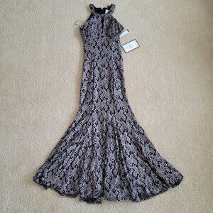 NWT Nightway Black Silver Glitter Lace Keyhole Mermaid Gown Dress Size 4 NYE